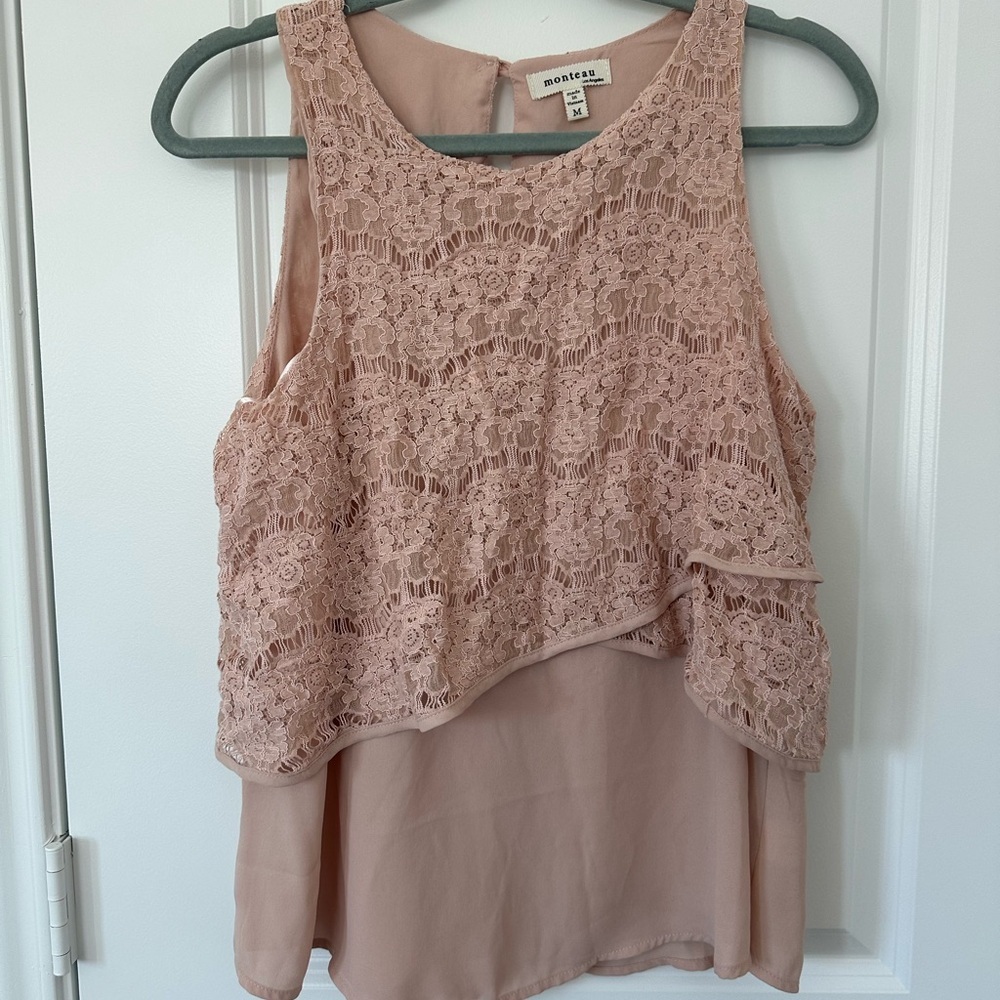 Monteau Women's Pink Lace Overlay Top